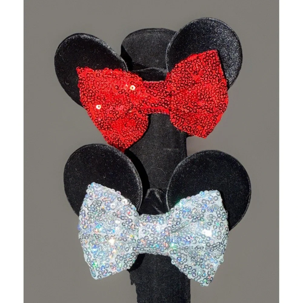 Two Women's Sequins Hair Bow Scrunchies Velvet Mouse‎ Ear Hair Ties for Ponytail